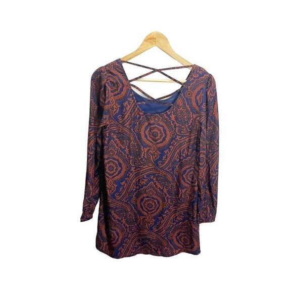 Blu Pepper Paisley Navy And Rust Chiffon Dress Sz S Shift Long Sleeve Boho Casua - Picture 6 of 6